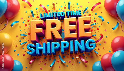 Colorful explosion of swirling ribbons, balloons, and confetti surrounding bold text LIMITED TIME - FREE SHIPPING!, vibrant hues of red, yellow, and blue drawing attention and evoking joy and celebrat