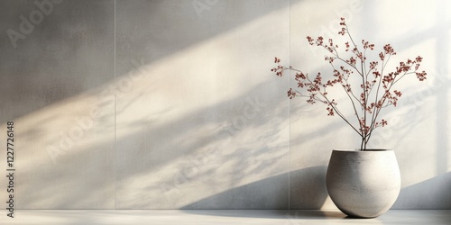 Serene Decorative Space with a Minimalist Vase and Branches Casting Soft Shadows in a Calm Interior Setting