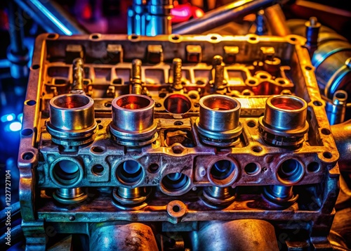 Car Engine Repair: Close-up of Disassembled Four-Cylinder Engine Block, showcasing Valves and Components, Rule of Thirds Composition. photo