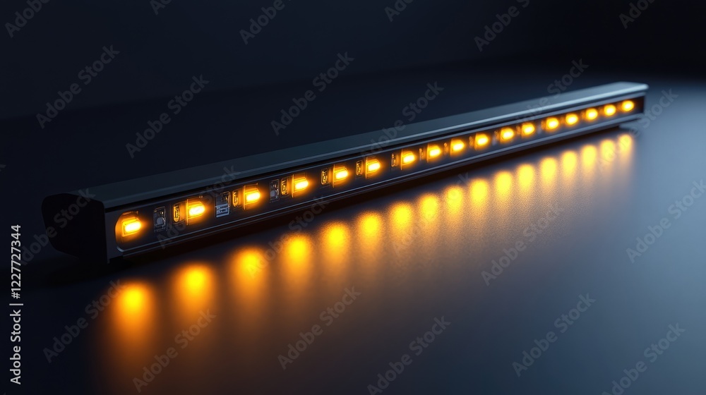 Modern LED Light Bar Illuminating Dark Surface with Warm Orange Glow Modern LED Light Bar Illuminating Dark Surface with Warm Orange Glow
