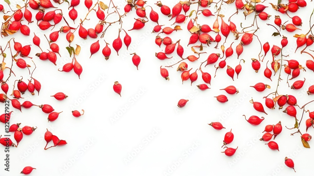 Rose Hip Tea Ingredients Flat Lay with Fresh Red Fruit on Bright White Background Rose Hip Tea Ingredients Flat Lay with Fresh Red Fruit on Bright White Background