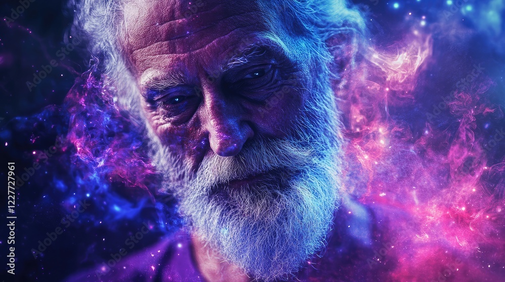 Elderly man engaged with a digital tablet amidst a cosmic background showcasing technological connection and imaginative exploration. Elderly man engaged with a digital tablet amidst a cosmic background showcasing technological connection and imaginative exploration.