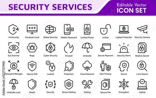 Set of Security web icons in line style. Guard, cyber security, password, smart home, safety, data protection, key, shield, lock, unlock, eye access. Security outline icon set.