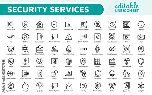 Set of Security web icons in line style. Guard, cyber security, password, smart home, safety, data protection, key, shield, lock, unlock, eye access. Security outline icon set.