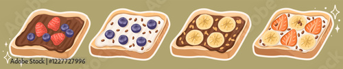 Set of Sweet Healthy Toasts with Fresh Berries. Nutritious and Delicious snacks. Vector.