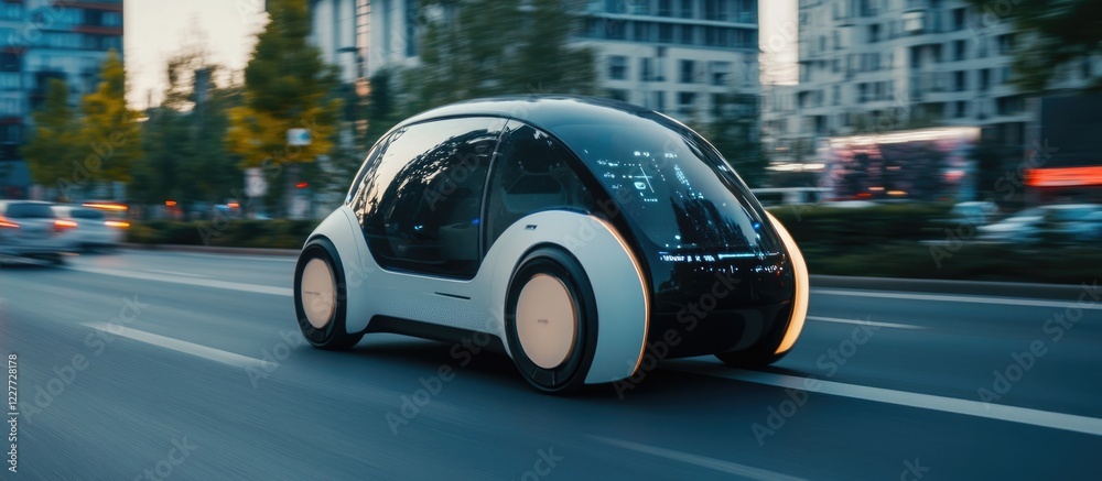 Fototapeta premium Futuristic Smart Car in Urban Traffic with Advanced Sensors and Empty Space for Customizable Text Overlay