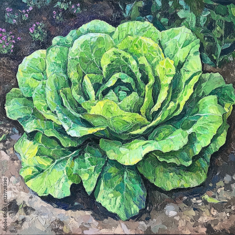 Fototapeta premium Vibrant Green Lettuce Thriving in Spring Garden Organic Vegetables Fresh Produce Healthy Eating Copy Space for Text