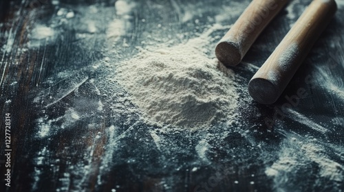 Rolling pin and flour on dark wooden table for baking pasta and pizza preparation close up with ample negative space for text insertion photo