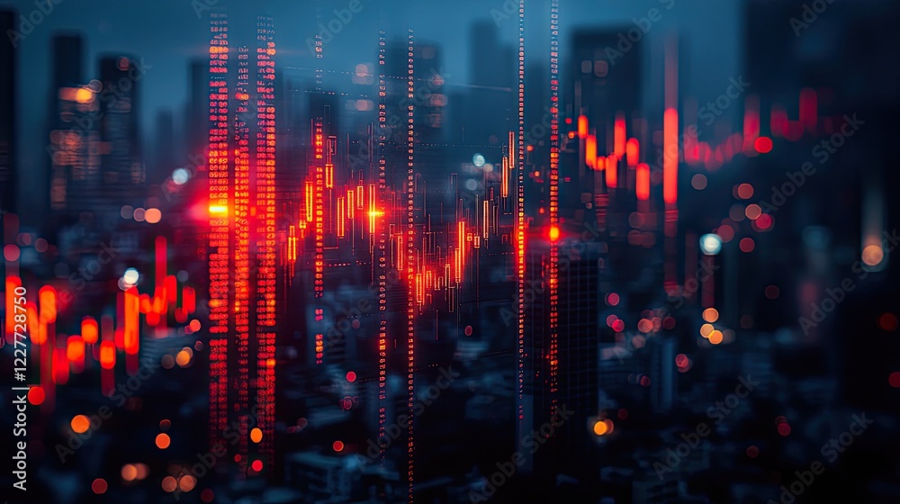 Fototapeta premium Abstract visualization of financial data overlaying a bustling city skyline at dusk, representing market trends