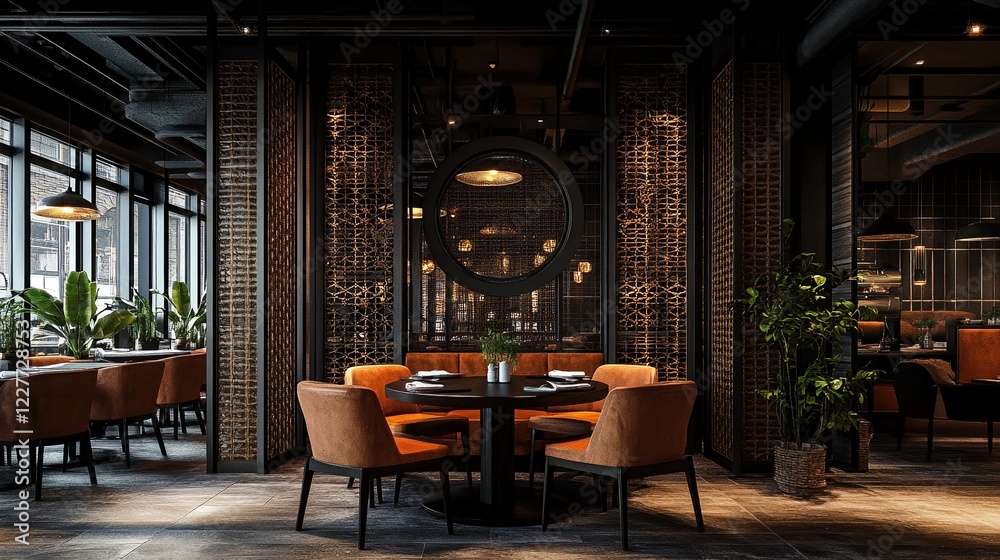 Fototapeta premium Interior of a restaurant with brown chairs and tables.