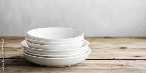 Elegant white ceramic plates stacked on wooden table with ample empty space for text or branding messages. photo