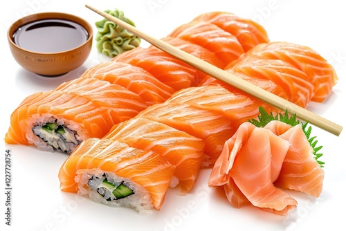 Delicious salmon sushi rolls and sashimi
