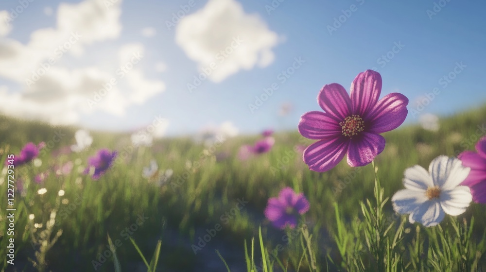 Fototapeta premium Vibrant Cosmos Flowers Bloom In Sunny Field
