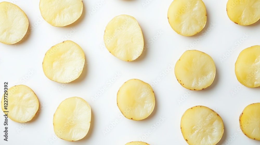 Sliced yellow potatoes arranged artfully on a clean white background highlighting their texture and freshness for culinary use. Sliced yellow potatoes arranged artfully on a clean white background highlighting their texture and freshness for culinary use.