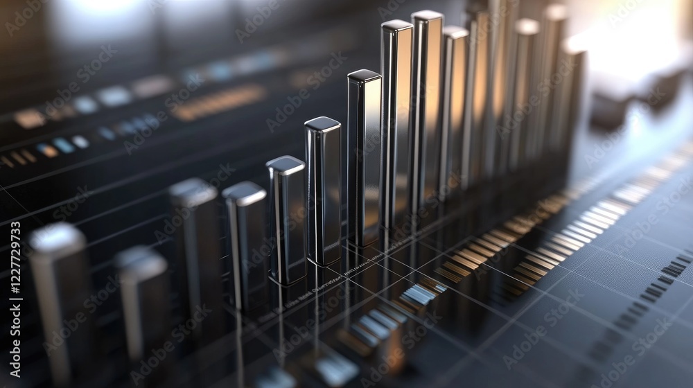 A metallic D bar chart showcasing financial data, with bars of varying heights, symbolizing different investment returns over time. A metallic D bar chart showcasing financial data, with bars of varying heights, symbolizing different investment returns over time.
