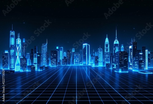 Retro synthwave city skyline with neon blue grid landscape. Futuristic urban digital art with glowing skyscrapers against night sky. Virtual metropolis concept for technology design