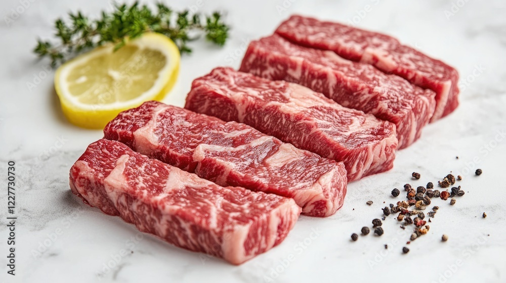 Sliced marbled steak with herbs and lemon on a white marble surface for gourmet cooking and culinary presentations Sliced marbled steak with herbs and lemon on a white marble surface for gourmet cooking and culinary presentations