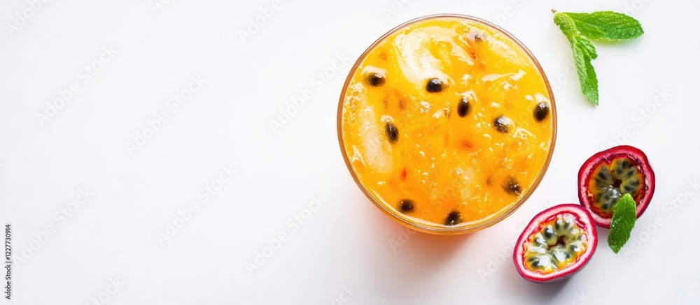 Fototapeta premium Passionfruit Drink in Glass with Mint Leaves on White Background Ideal for Beverage Promotion and Copy Space for Text