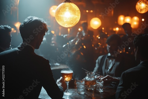 A classic 1920s speakeasy scene with well-dressed men and women enjoying cocktails under dim golden lighting, jazz musicians playing in the corner, copy space background photo