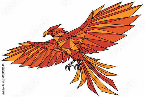 Geometric phoenix, abstract bird, origami-style, flame-colored, vibrant orange and red, angular shapes, rising wings, stylized feathers, minimalist design, vector art, fiery creature, mythical bird, d