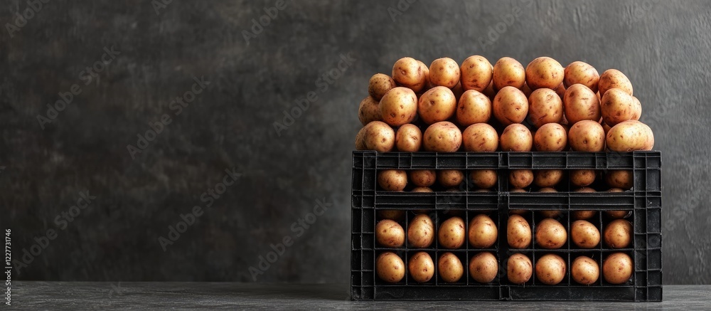 Freshly harvested potato tubers neatly arranged in a storage crate with ample empty space for marketing or promotional text. Freshly harvested potato tubers neatly arranged in a storage crate with ample empty space for marketing or promotional text.