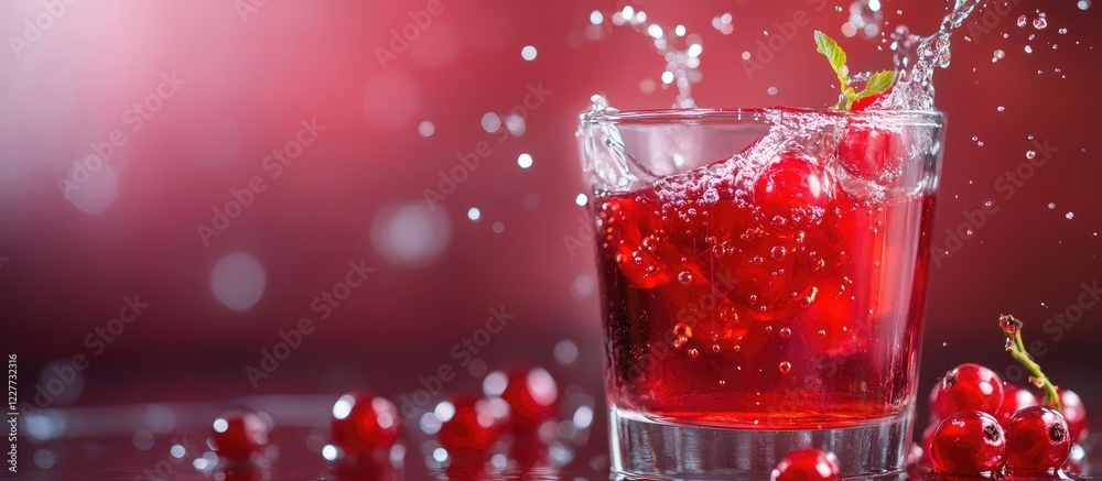 Red currant juice splashing in water with fresh berries and vibrant background for beverage advertisement or promotional content Red currant juice splashing in water with fresh berries and vibrant background for beverage advertisement or promotional content