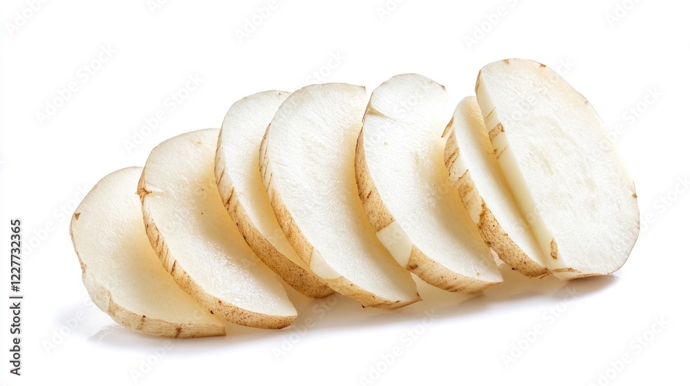 Sliced daikon radish root on a white background showcasing its fresh, crisp texture ideal for culinary and health-related visuals. Sliced daikon radish root on a white background showcasing its fresh, crisp texture ideal for culinary and health-related visuals.