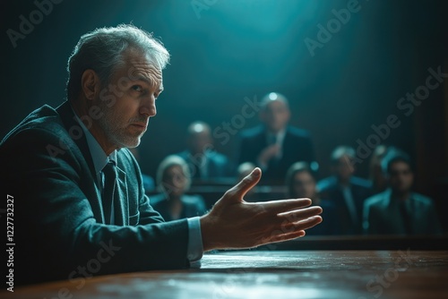 A lawyer cross-examining a witness in a dramatic courtroom scene, with a tense audience and a judge presiding in the background, copy space background photo