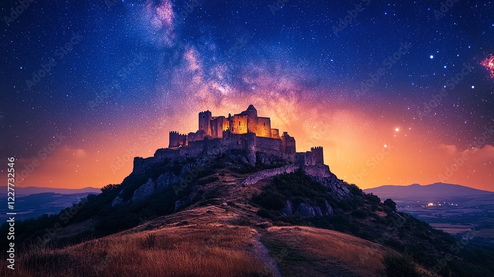 Obraz premium A castle sits atop a hill under a starry sky.