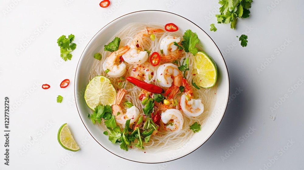 A simple yet appetizing bowl of glass noodles with seafood, topped with chili, lime, and fresh herbs, placed on a pristine white background. A simple yet appetizing bowl of glass noodles with seafood, topped with chili, lime, and fresh herbs, placed on a pristine white background.
