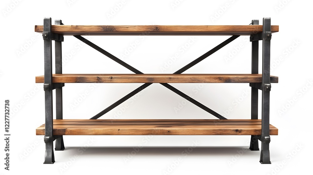 66. A wooden bookshelf with an industrial design and metal accents, placed on a white background 66. A wooden bookshelf with an industrial design and metal accents, placed on a white background