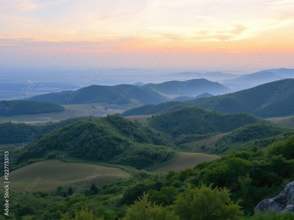 Obraz premium Panoramic view of serene landscape at dawn, serene landscape, valley