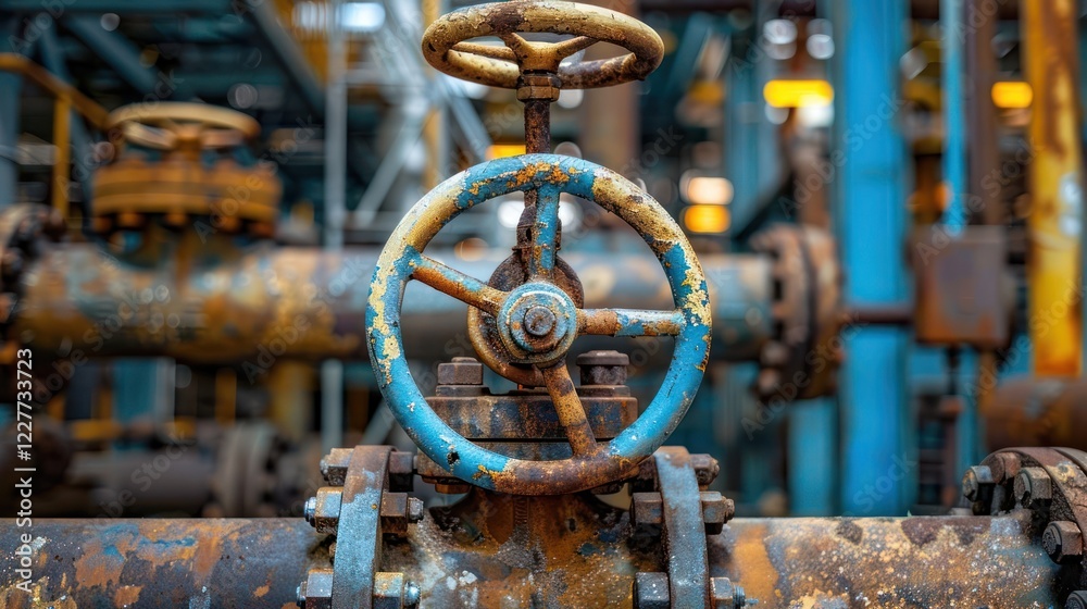 Rusty industrial valve with intricate details, set in a busy factory environment with pipes Rusty industrial valve with intricate details, set in a busy factory environment with pipes
