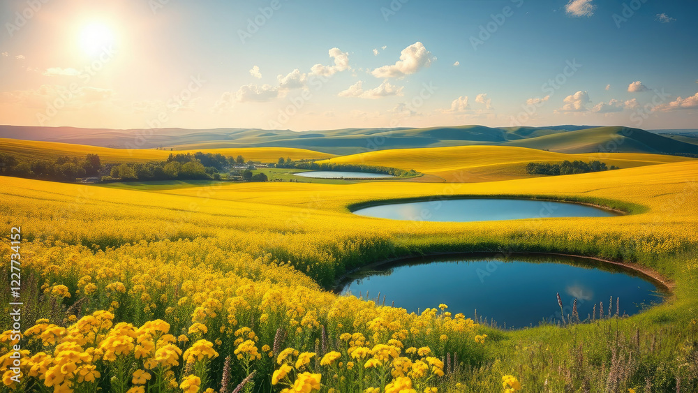 Obraz premium Springtime vibe in the countryside with lush rapeseed fields and inviting blue ponds, sustainable agriculture, eco-friendly