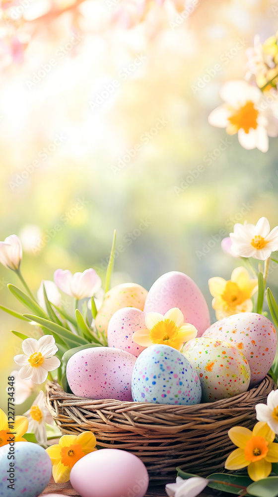 Basket with Easter eggs on a field with fresh green grass and spring flowers.