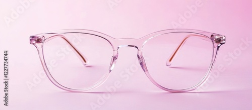 Clear glasses on a pink background with a blank notepad creating ample space for text or notes in a minimalist setup photo