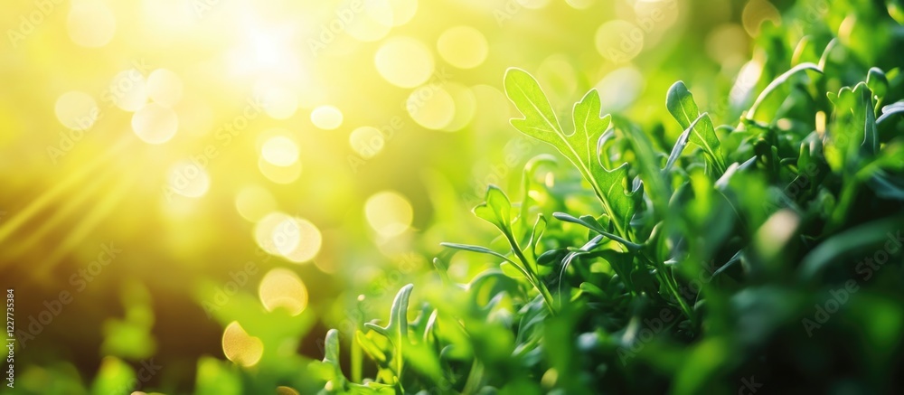 Fresh Organic Arugula Glowing in Morning Sunlight with Soft Bokeh Background and Ample Copy Space for Text Promotions or Messages Fresh Organic Arugula Glowing in Morning Sunlight with Soft Bokeh Background and Ample Copy Space for Text Promotions or Messages