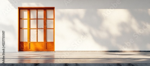 Modern Architectural Design with Wooden Door and Minimalist Empty Wall Space for Customizable Text or Branding photo