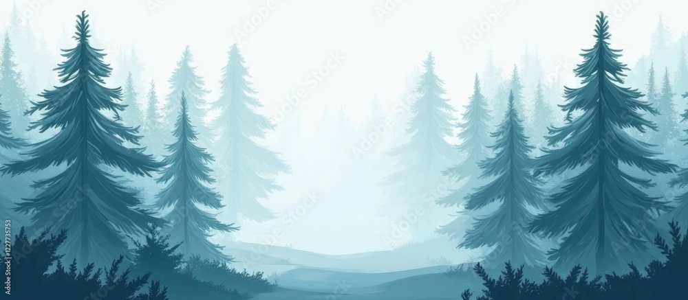 Obraz premium Serene foggy pine tree forest landscape featuring spruce trees and ample empty space for text and design elements