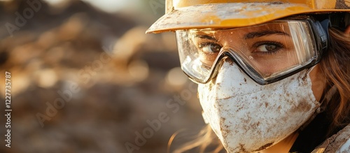 Factory worker conducting quality inspection wearing protective gear with empty space for adding text or graphics in industrial setting. photo