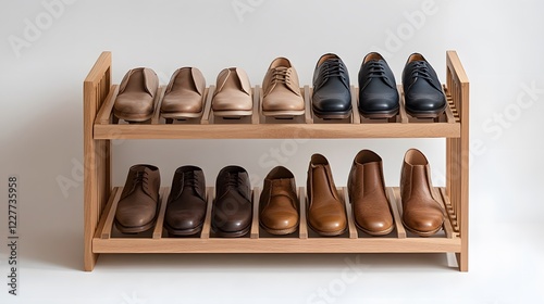 72. A wooden shoe rack with a contemporary design and natural wood finish, displayed against a white backdrop