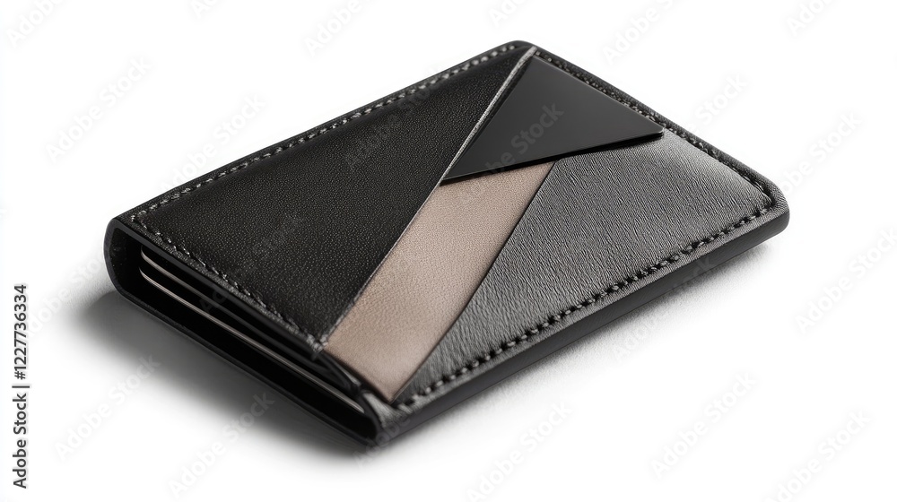 Modern RFID blocking card wallet featuring a stylish geometric design in black and tan leather. Modern RFID blocking card wallet featuring a stylish geometric design in black and tan leather.