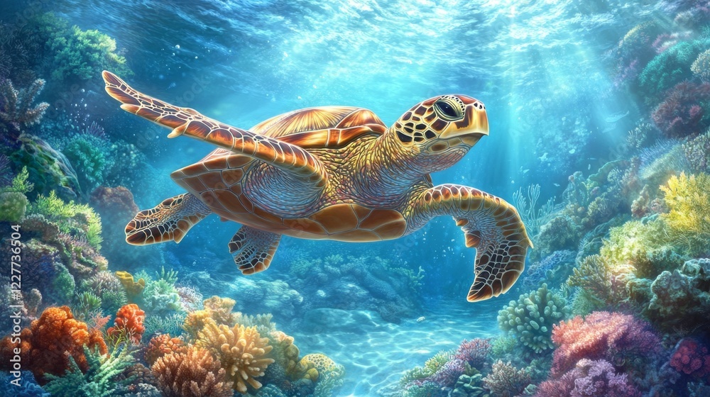 Obraz premium Sea Turtle Swimming Gracefully Through Clear Blue Ocean Waters