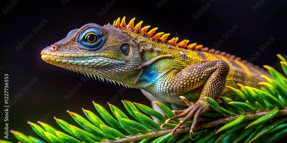 Obraz premium Night photography reveals a changeable lizard's intricate detail on a Thai conifer.