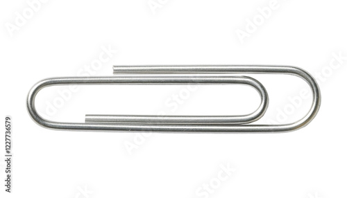 silver metal paper clip for office and school stationery, document organization, isolated background
