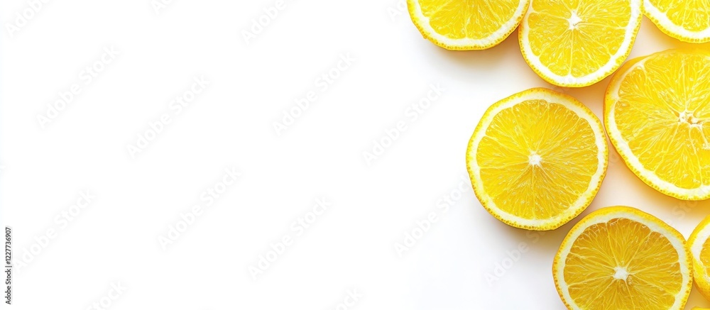 Vibrant citrus fruit slices with orange and lemon on a white background ideal for fresh food banners and promotional text space Vibrant citrus fruit slices with orange and lemon on a white background ideal for fresh food banners and promotional text space