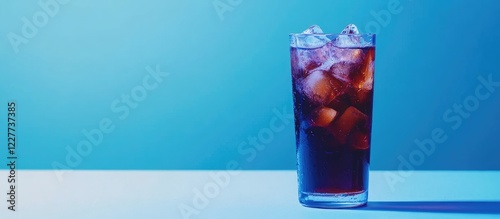 Refreshing glass of soda with ice against a blue background ideal for beverage promotions or summer advertising campaigns