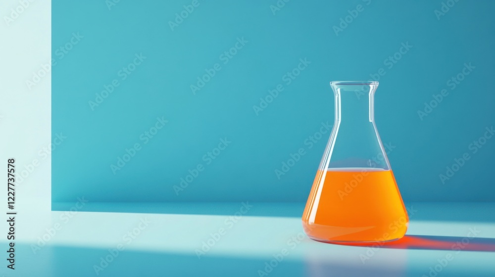 a glass flask with orange liquid on a blue surface a glass flask with orange liquid on a blue surface