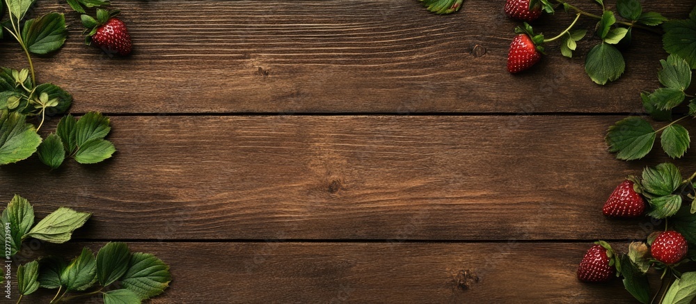Fresh strawberries with green leaves on rustic wooden background creating a natural frame with ample space for text or design elements. Fresh strawberries with green leaves on rustic wooden background creating a natural frame with ample space for text or design elements.