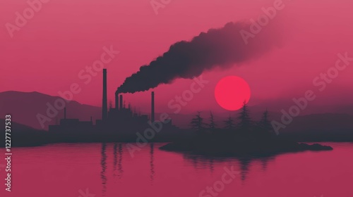 Industrial Landscape at Sunset with Smokestacks and Reflections in Calm Water